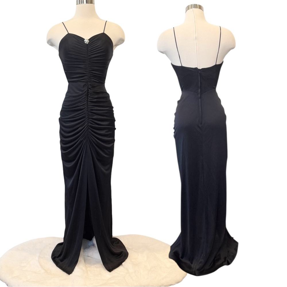 Frederick’s of Hollywood Silky Satin Black Ruched Wiggle Maxi Gown Column Dress